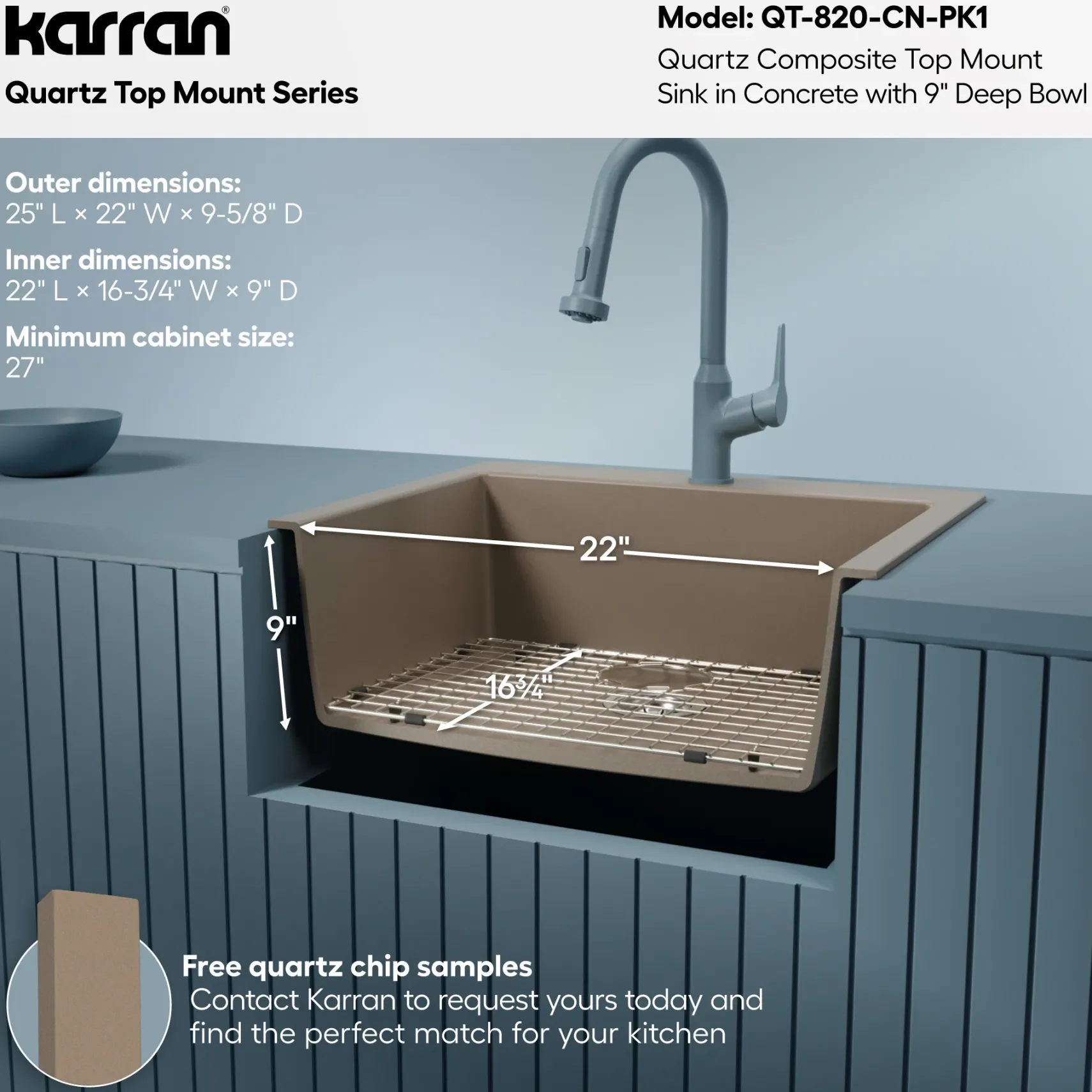 Karran 25" Drop In/Topmount Quartz Composite Kitchen Sink with Accessories, Concrete, QT-820-CN-PK1