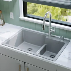 Karran 33" Drop In/Topmount Quartz Composite Kitchen Sink, 60/40 Double Bowl, Grey, QT-811-GR