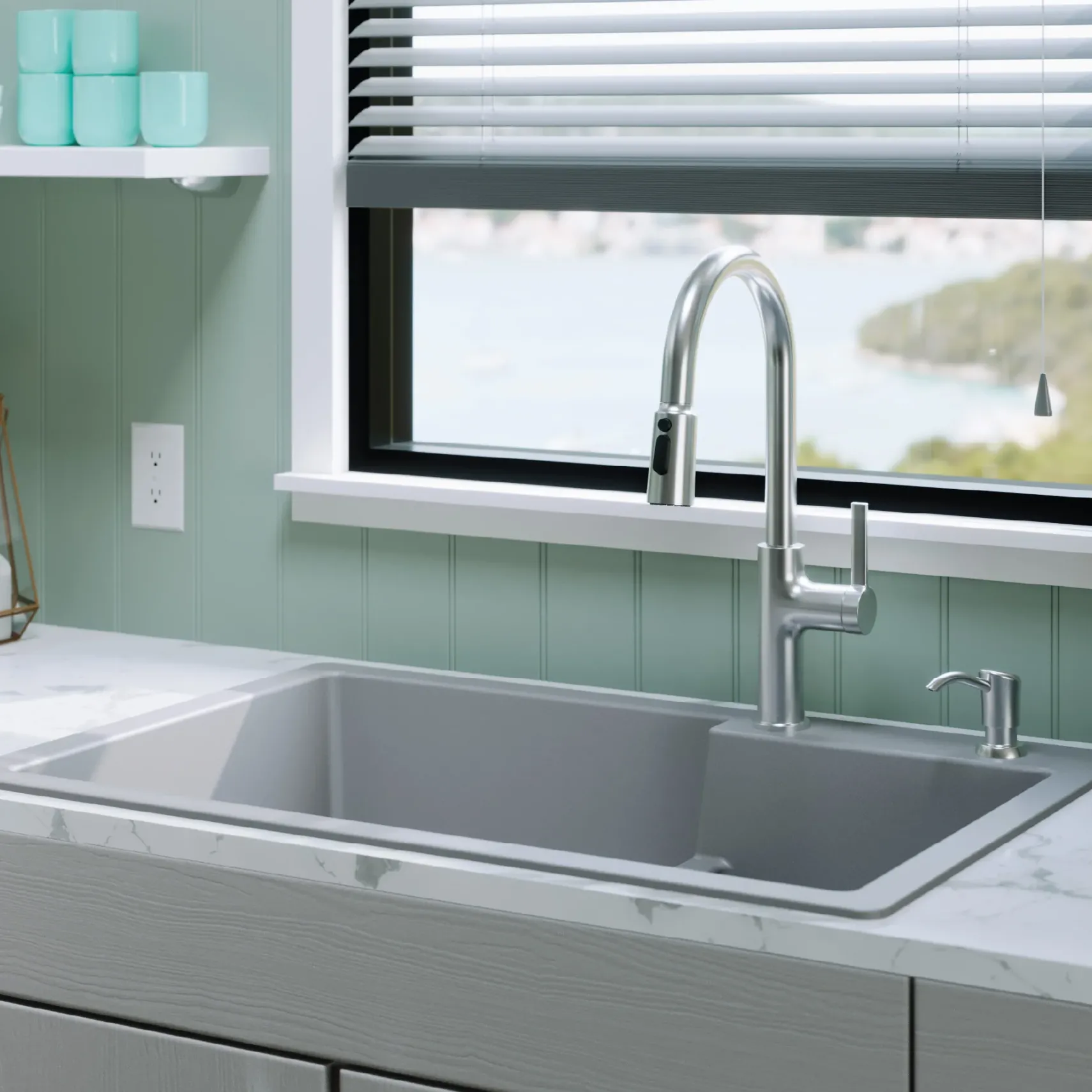Karran 33" Drop In/Topmount Quartz Composite Kitchen Sink, 60/40 Double Bowl, Grey, QT-811-GR