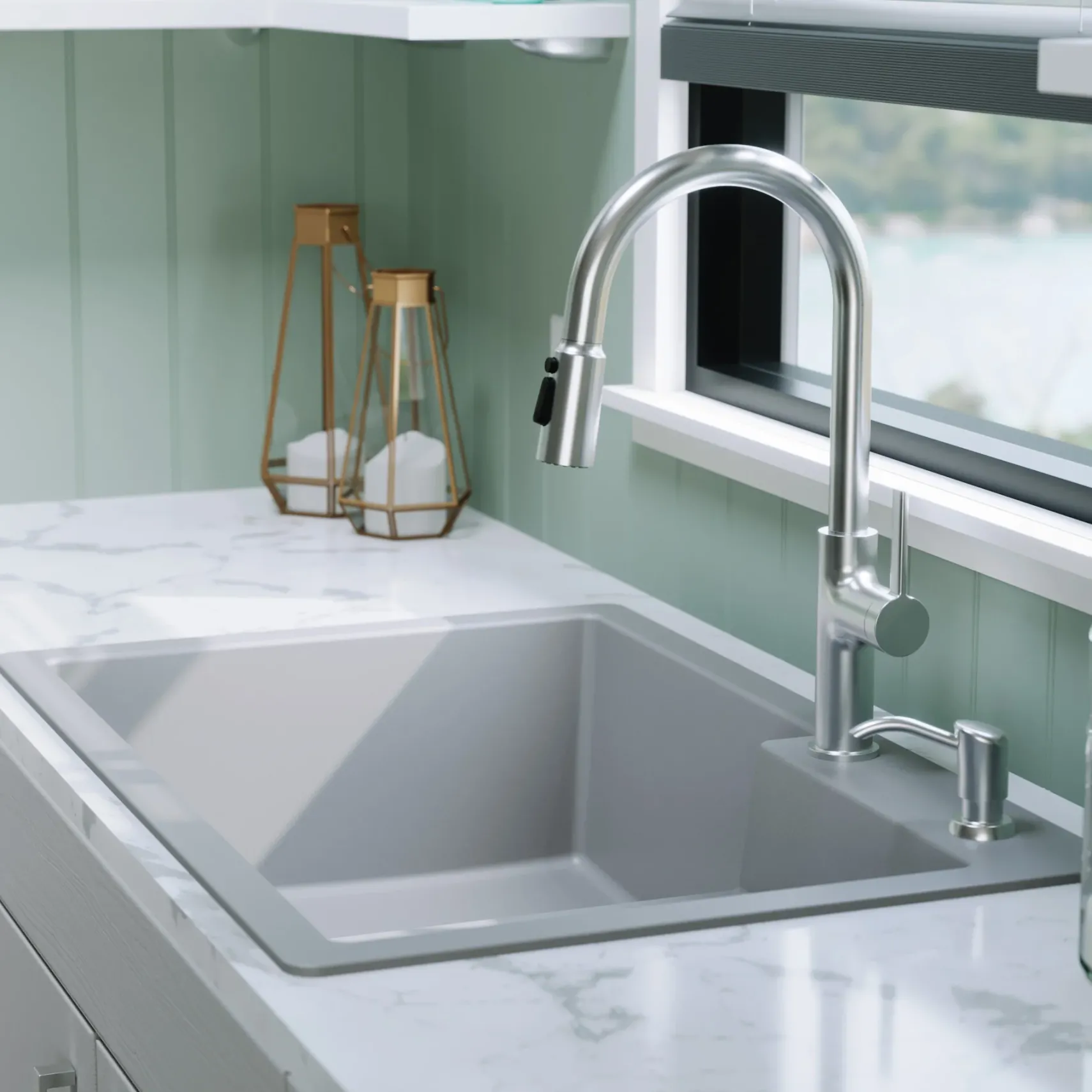 Karran 33" Drop In/Topmount Quartz Composite Kitchen Sink, 60/40 Double Bowl, Grey, QT-811-GR