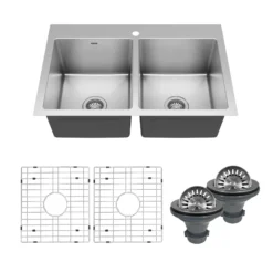 Karran 33" Drop In/Topmount Stainless Steel Kitchen Sink, 50/50 Double Bowl, 16 Gauge, EL-35-PK1