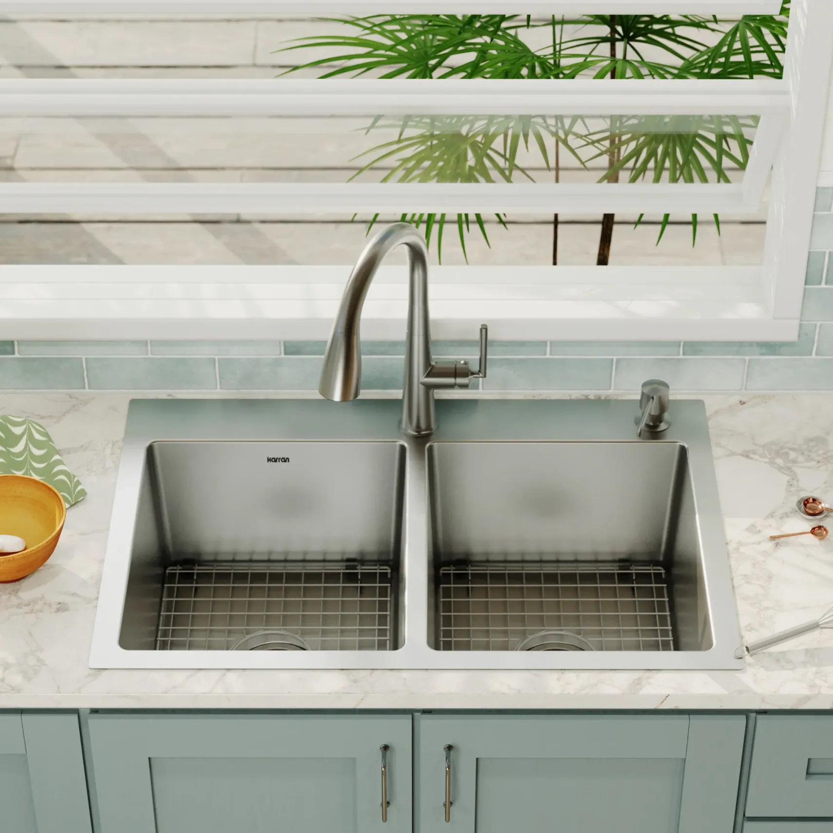 Karran 33" Drop In/Topmount Stainless Steel Kitchen Sink, 50/50 Double Bowl, 16 Gauge, EL-35-PK1