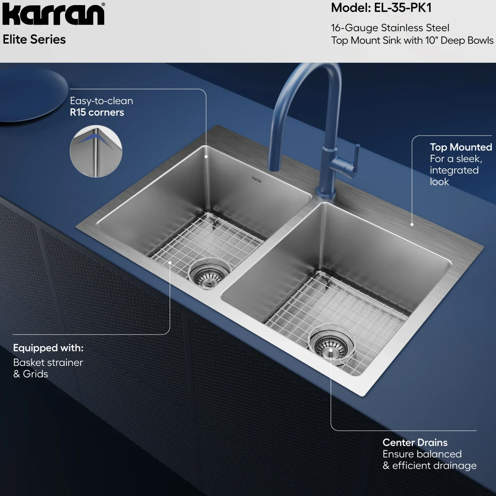 Karran 33" Drop In/Topmount Stainless Steel Kitchen Sink, 50/50 Double Bowl, 16 Gauge, EL-35-PK1