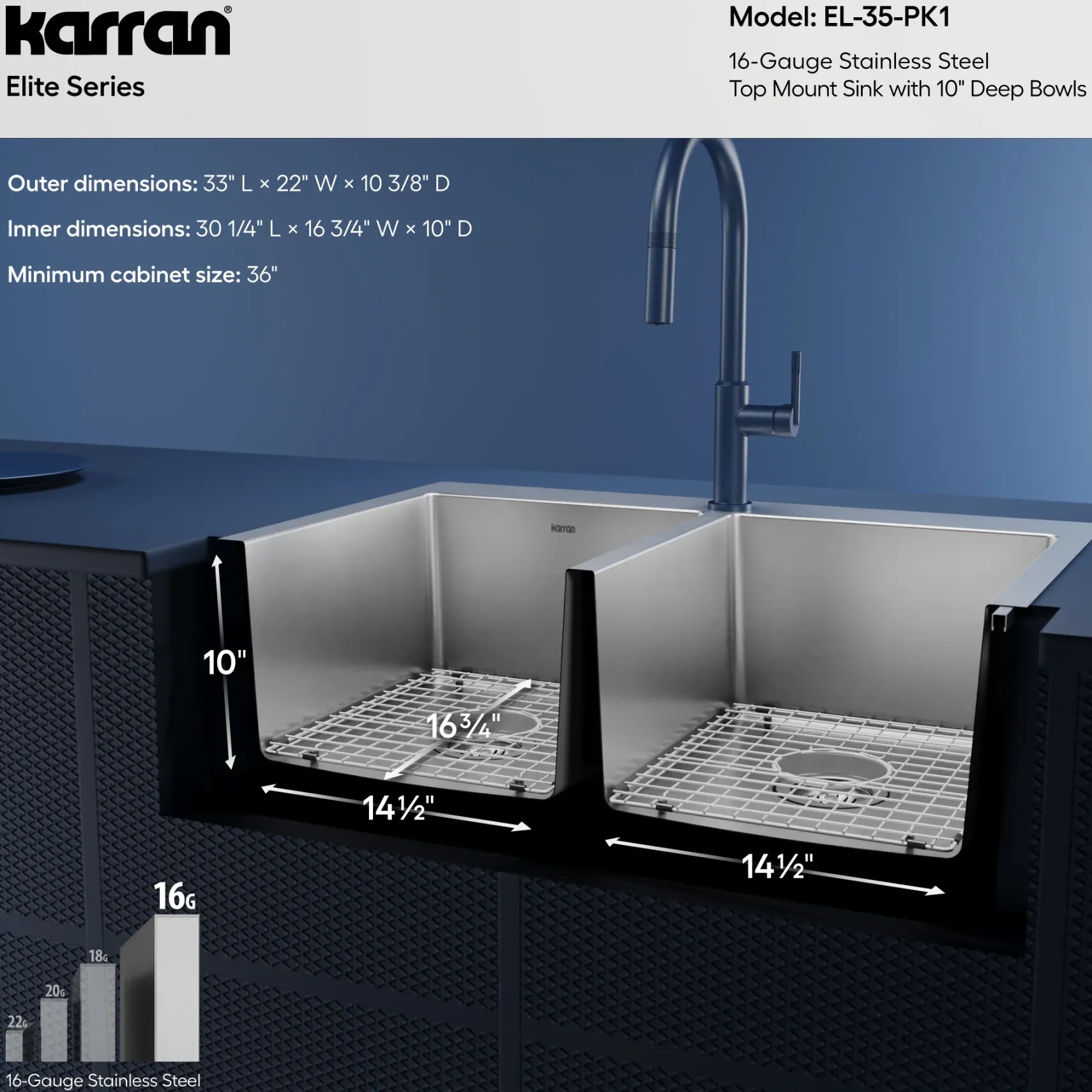 Karran 33" Drop In/Topmount Stainless Steel Kitchen Sink, 50/50 Double Bowl, 16 Gauge, EL-35-PK1
