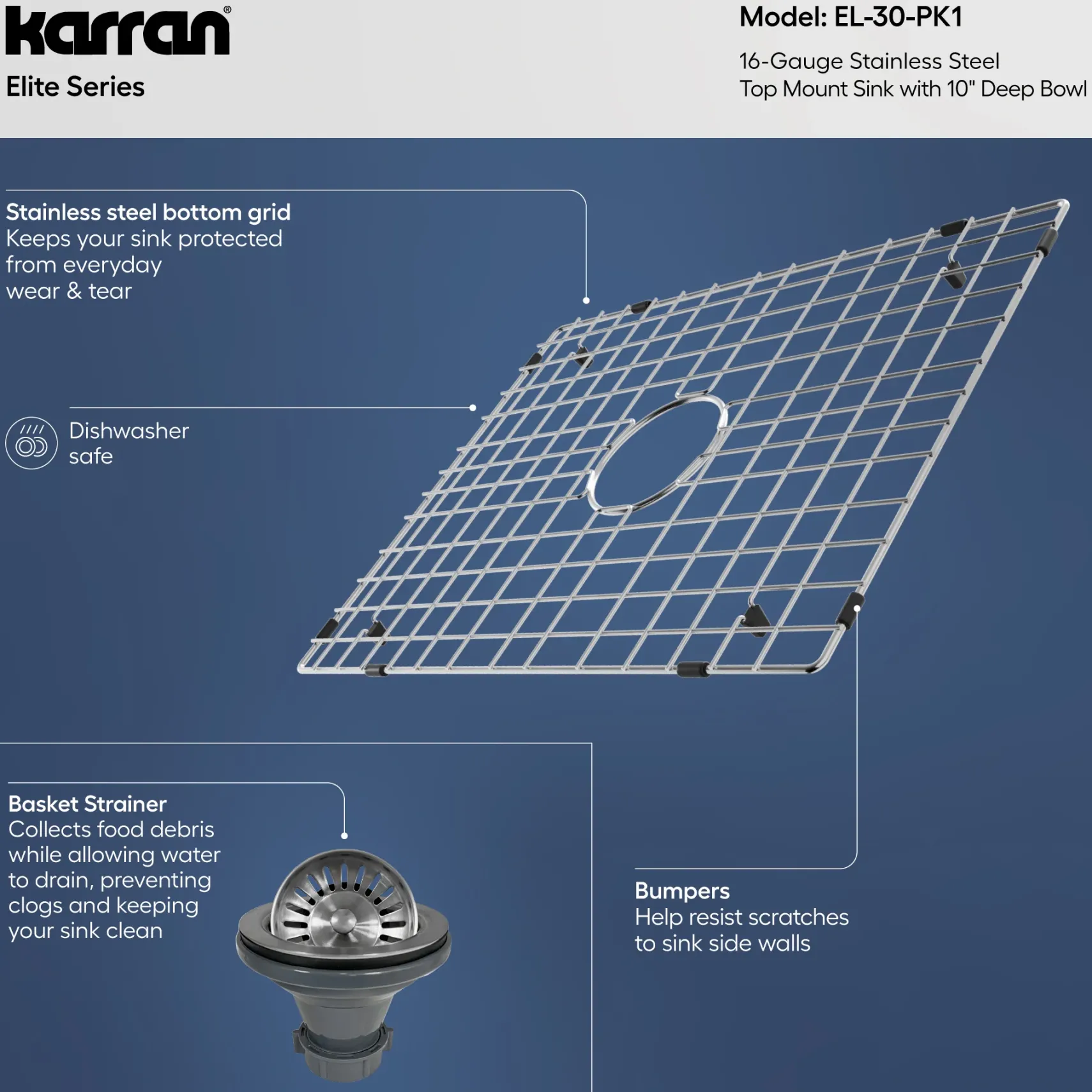Karran 25" Drop In/Topmount Stainless Steel Kitchen Sink with Accessories, 16 Gauge, EL-30-PK1
