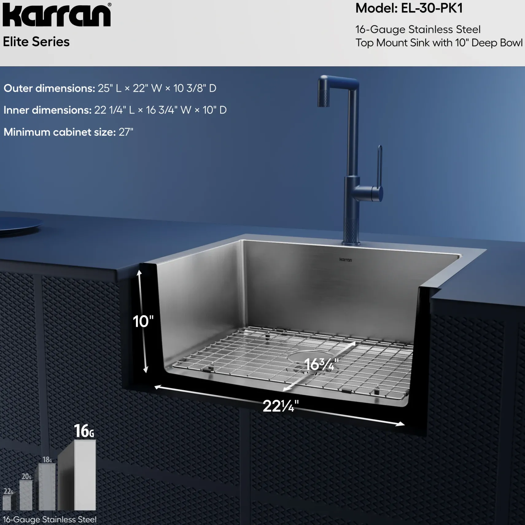 Karran 25" Drop In/Topmount Stainless Steel Kitchen Sink with Accessories, 16 Gauge, EL-30-PK1
