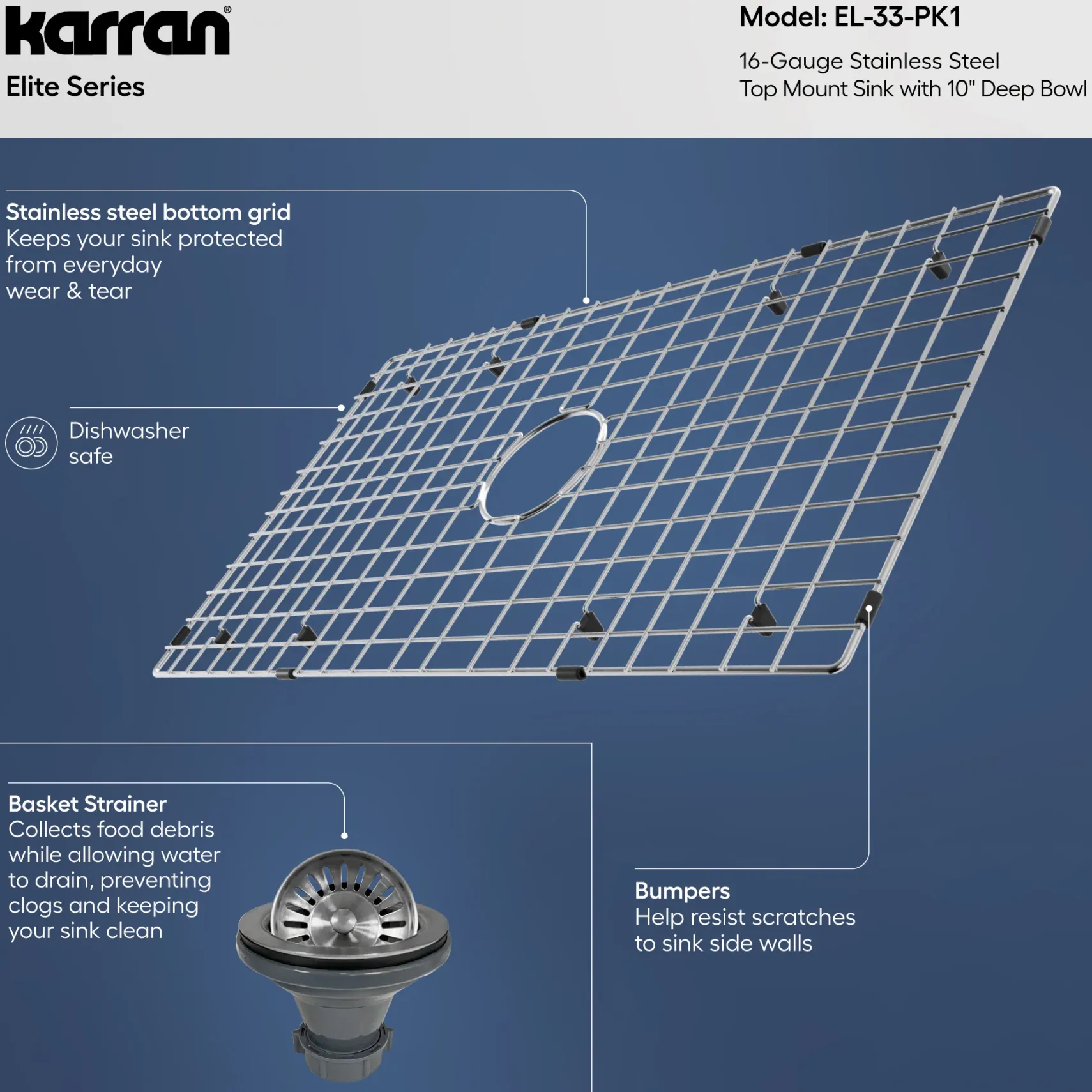 Karran 33" Drop In/Topmount Stainless Steel Kitchen Sink, 16 Gauge, EL-33-PK1