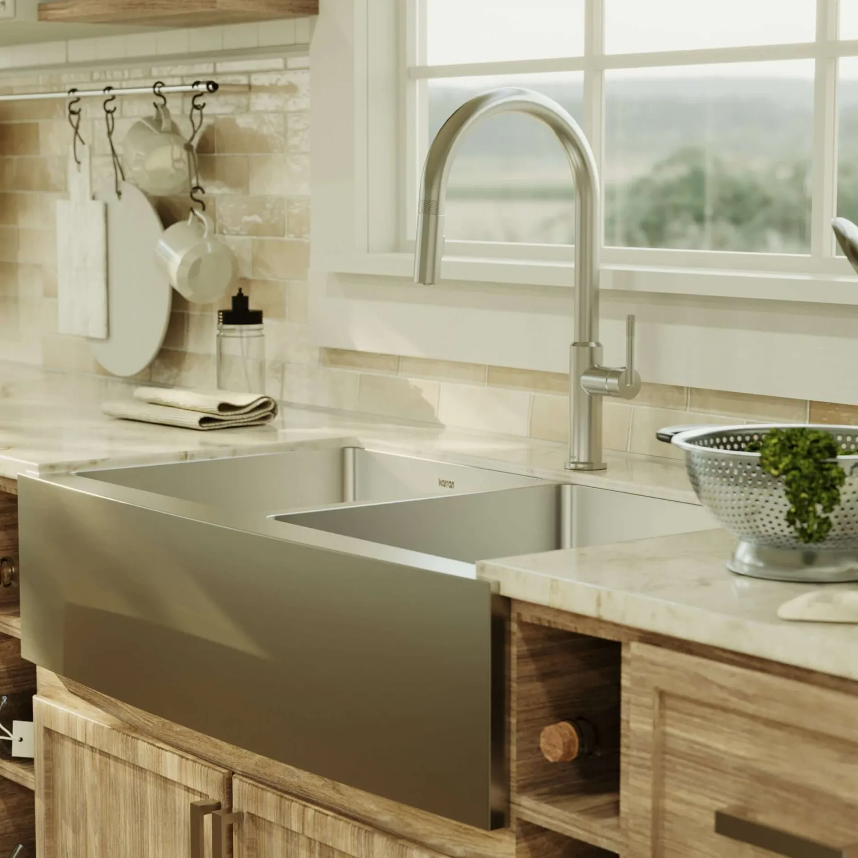 Karran Elite 36" Stainless Steel Farmhouse Sink with Accessories, 50/50 Double Bowl, 16 Gauge, EL-88-PK1