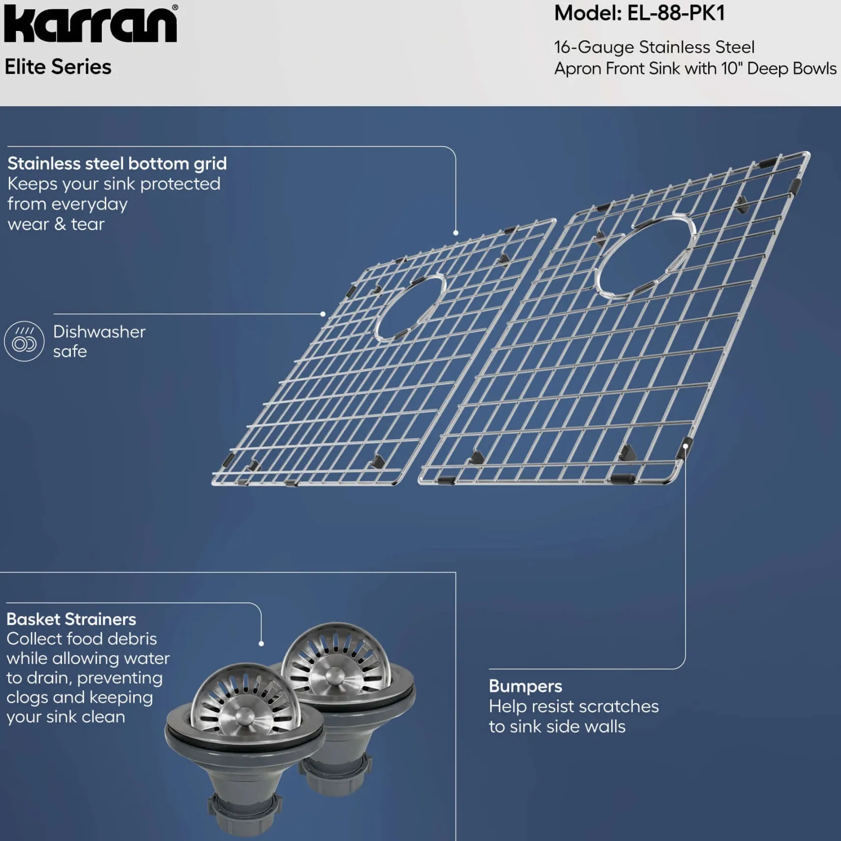 Karran Elite 36" Stainless Steel Farmhouse Sink with Accessories, 50/50 Double Bowl, 16 Gauge, EL-88-PK1