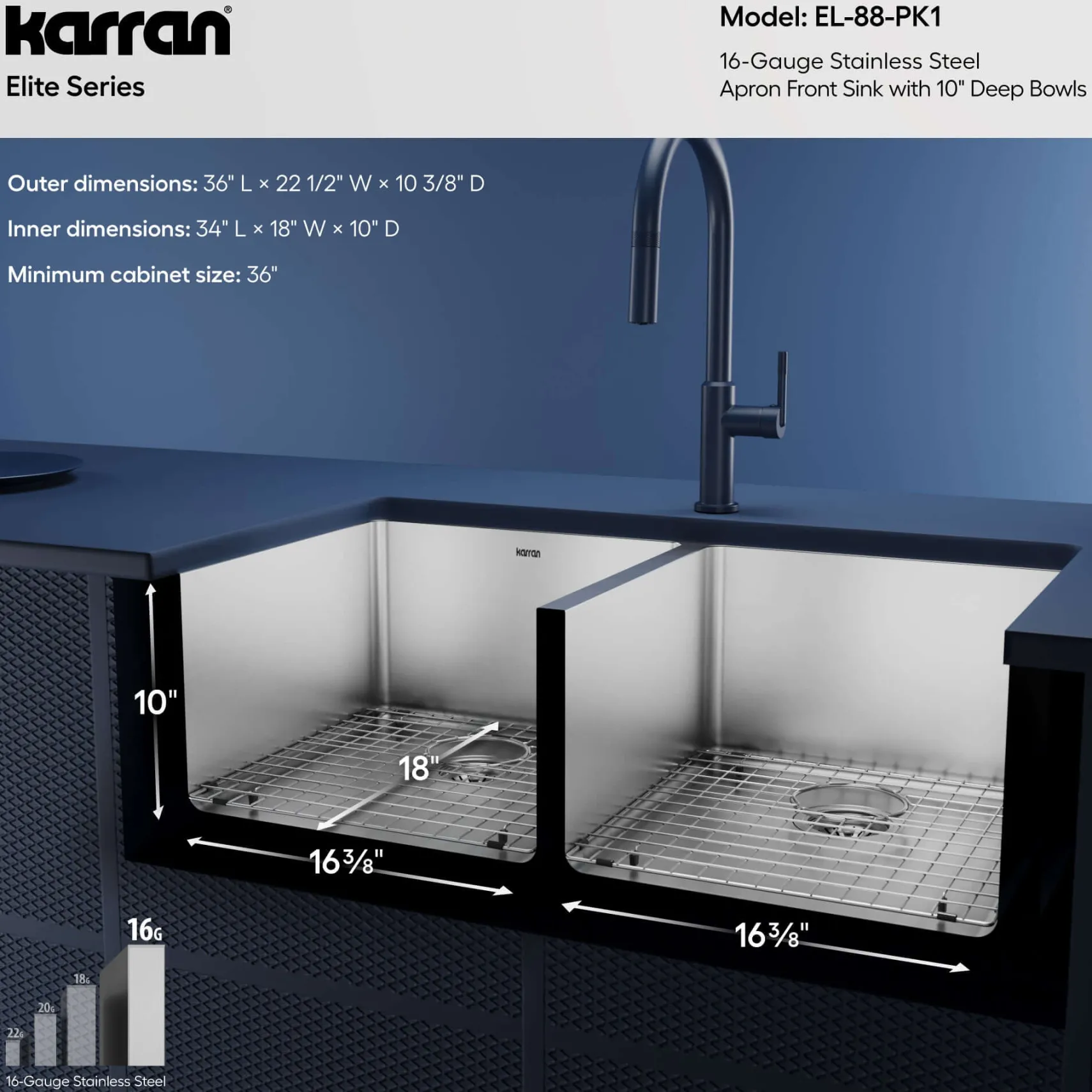 Karran Elite 36" Stainless Steel Farmhouse Sink with Accessories, 50/50 Double Bowl, 16 Gauge, EL-88-PK1