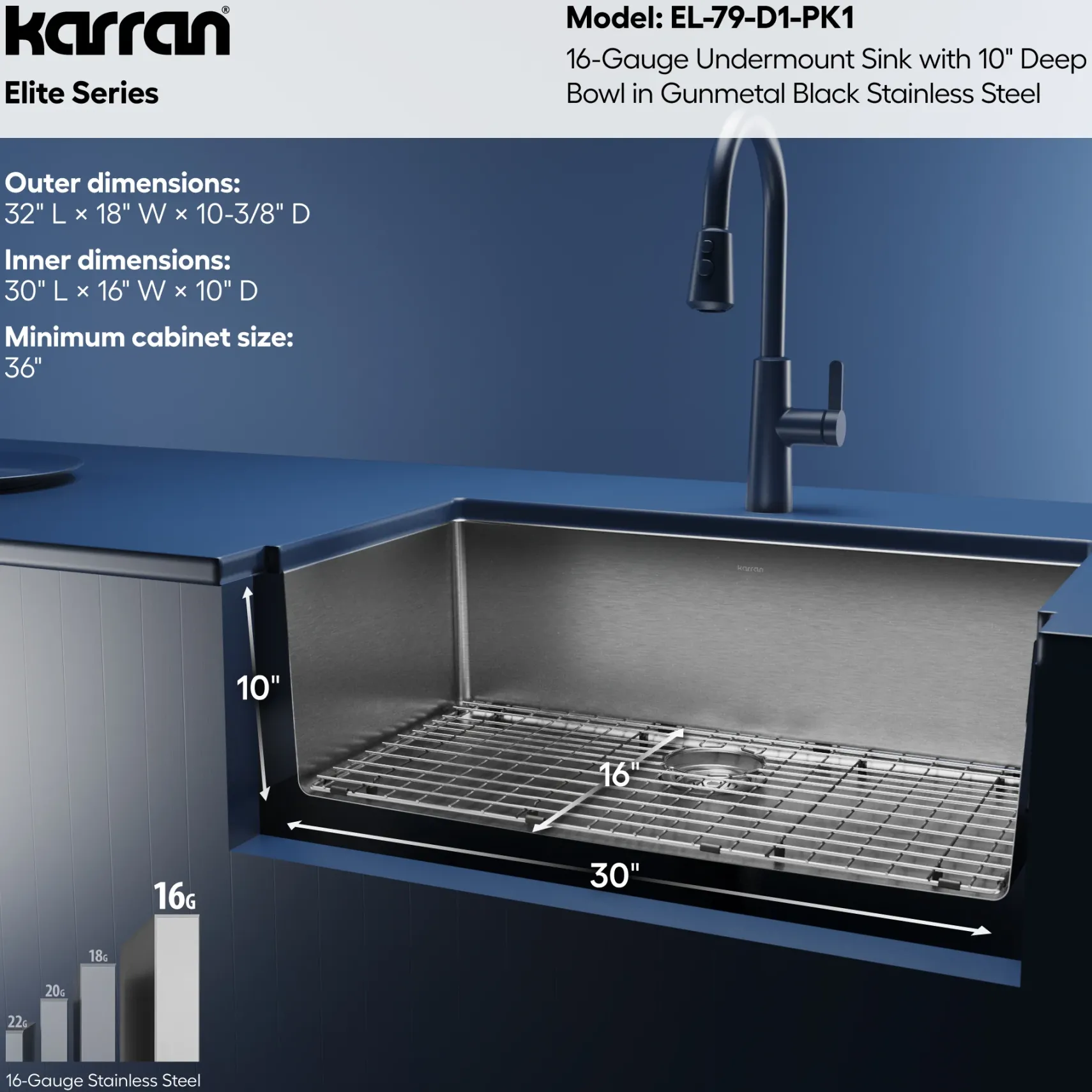 Karran Elite 32" Undermount Stainless Steel Kitchen Sink, Gunmetal Black, EL-79-D1-PK1