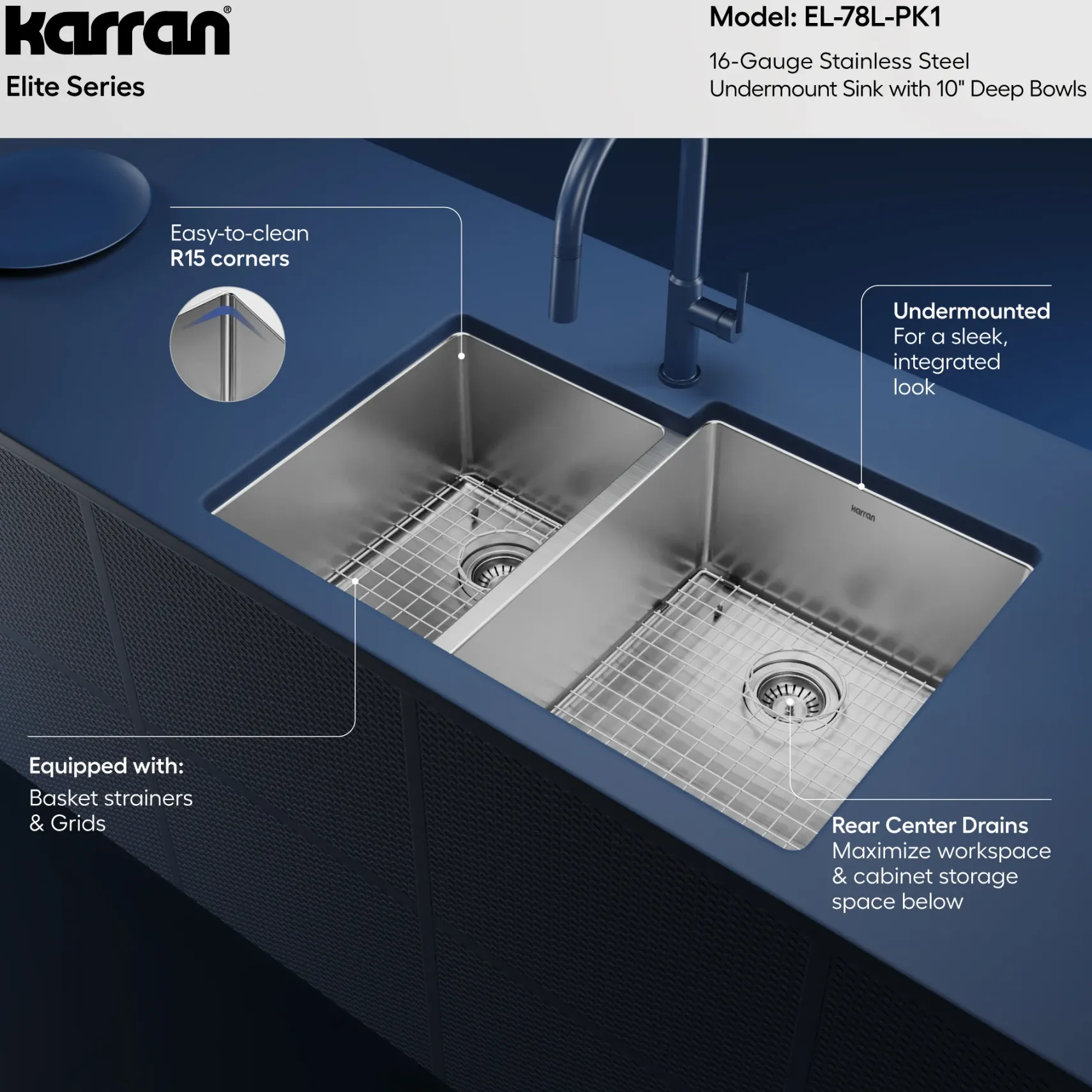 Karran Elite 33" Undermount Stainless Steel Kitchen Sink with Accessories, 40/60 Double Bowl, 16 Gauge, EL-78L-PK1