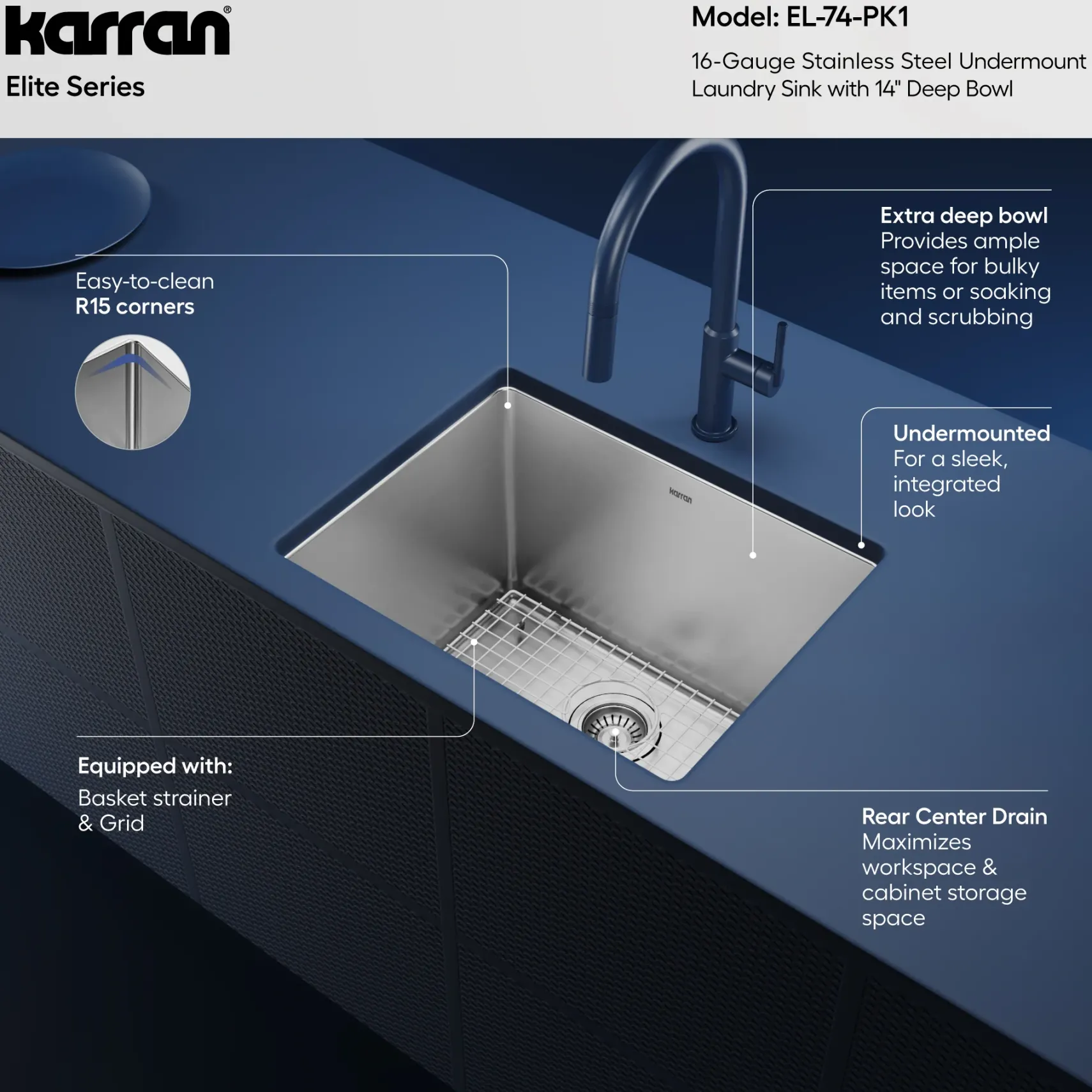 Karran Elite 23" Undermount Stainless Steel Kitchen Sink with Accessories, 16 Gauge, EL-74-PK1