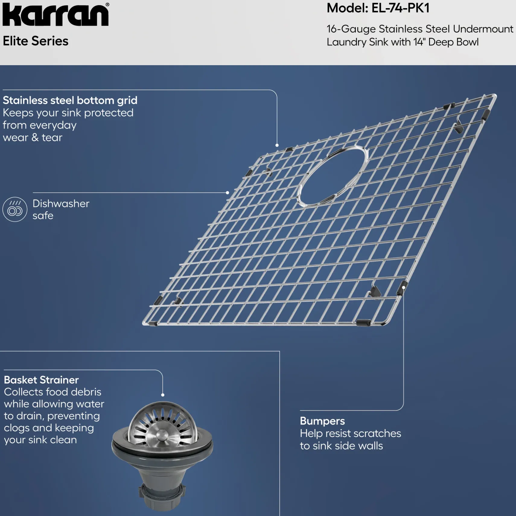 Karran Elite 23" Undermount Stainless Steel Kitchen Sink with Accessories, 16 Gauge, EL-74-PK1