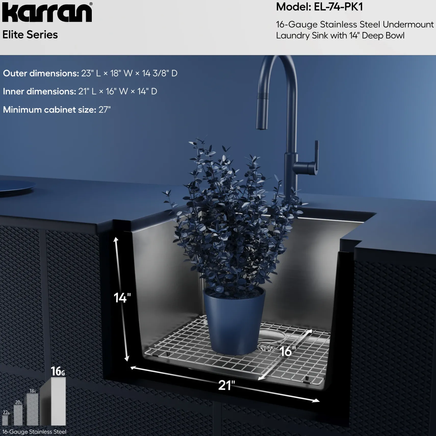 Karran Elite 23" Undermount Stainless Steel Kitchen Sink with Accessories, 16 Gauge, EL-74-PK1