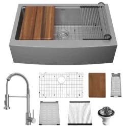 Karran Elite Workstation 33" Stainless Steel ADA Workstation Farmhouse Sink with Faucet and Accessories, 16 Gauge, WSA-45-PK2