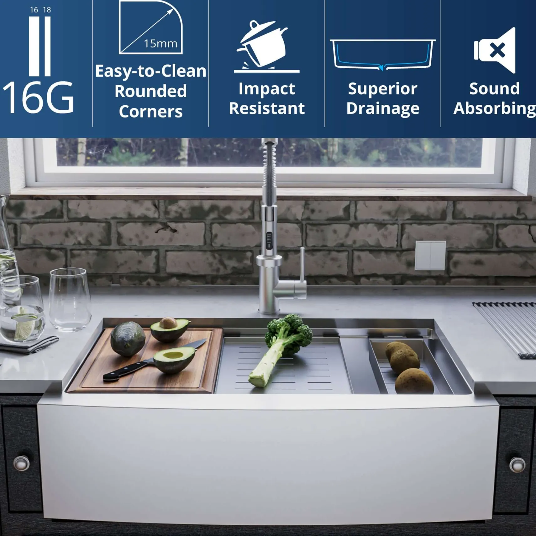 Karran Elite Workstation 33" Stainless Steel ADA Workstation Farmhouse Sink with Faucet and Accessories, 16 Gauge, WSA-45-PK2