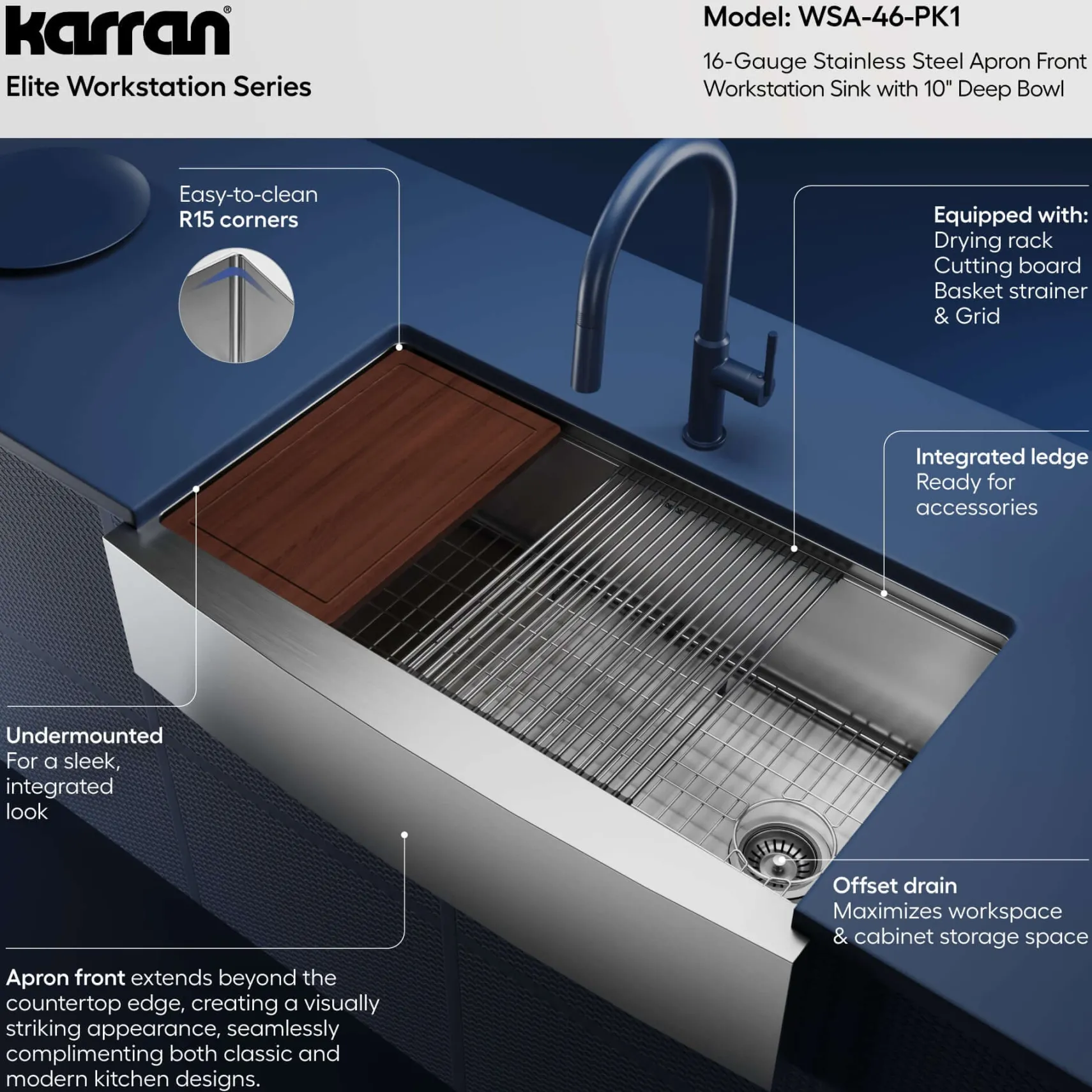Karran Elite Workstation 36" Stainless Steel Workstation Farmhouse Sink with Accessories, 16 Gauge, WSA-46-PK1