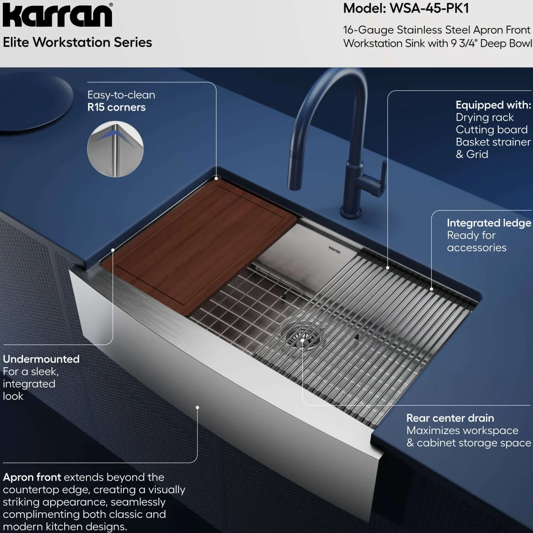 Karran Elite Workstation 33" Stainless Steel Workstation Farmhouse Sink with Accessories, 16 Gauge, WSA-45-PK1