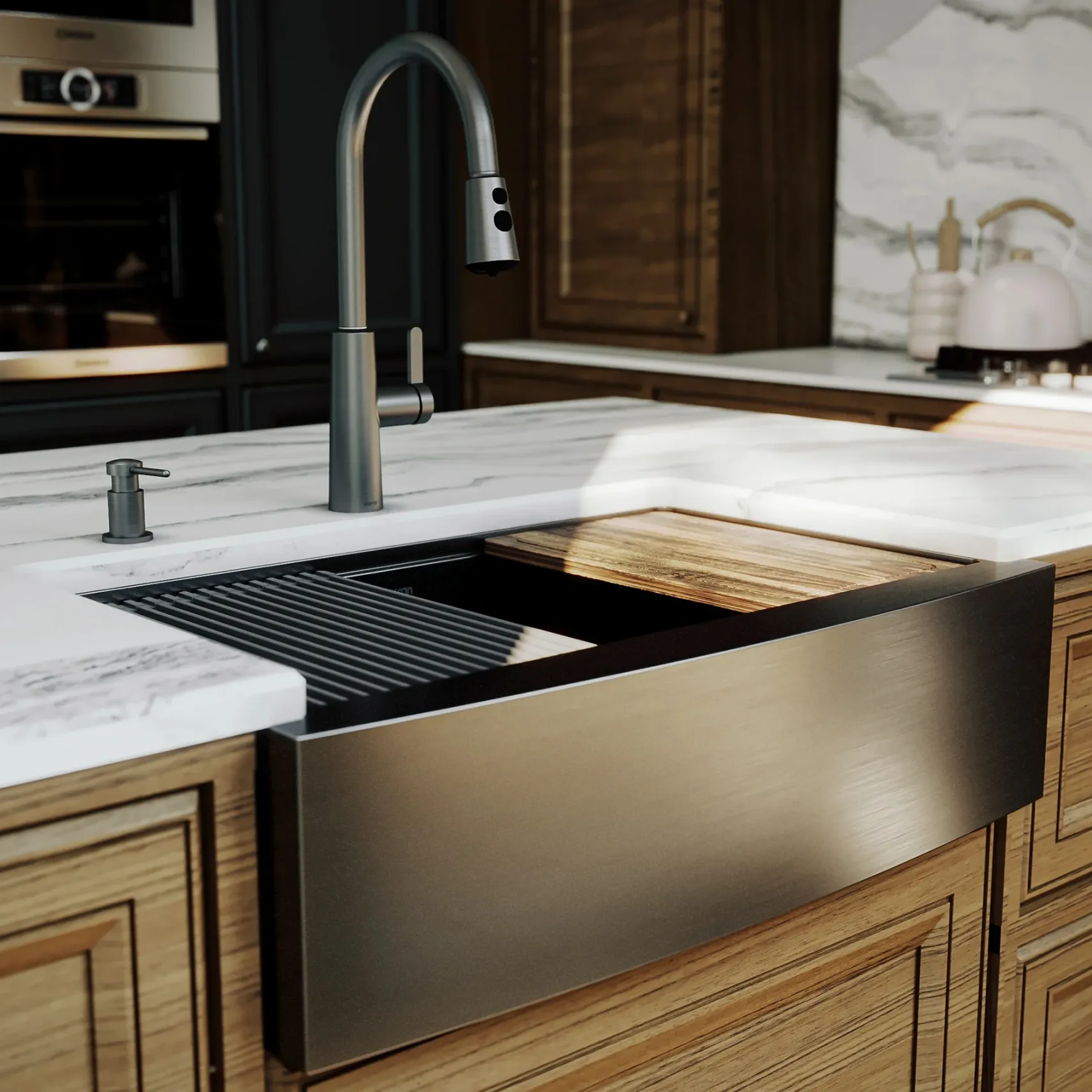 Karran Elite Workstation 33" Stainless Steel Farmhouse Sink, Gunmetal Black, WSA-45-D1-PK1