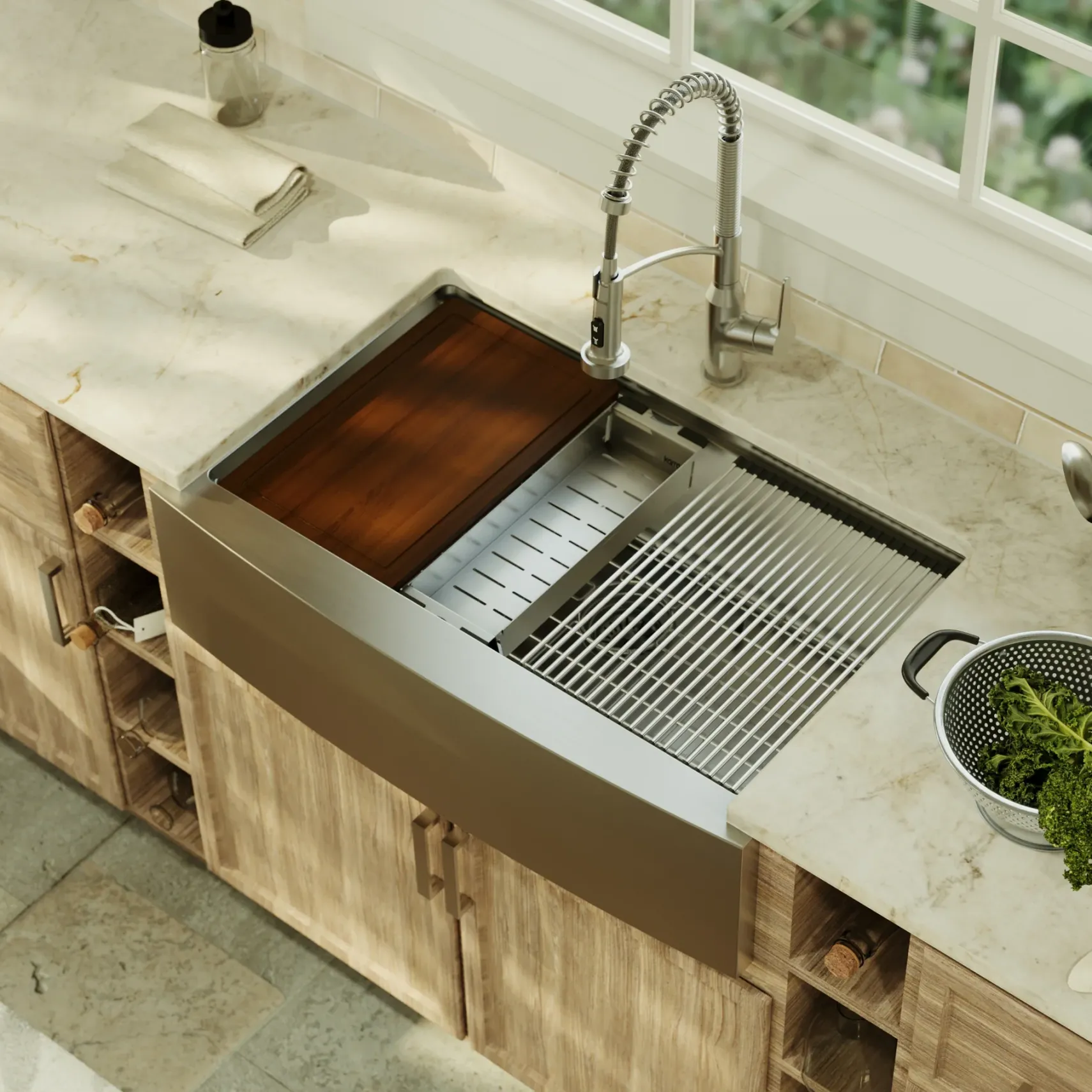 Karran Elite Workstation 33" Stainless Steel Farmhouse Sink with Faucet, WSA-45-PK3