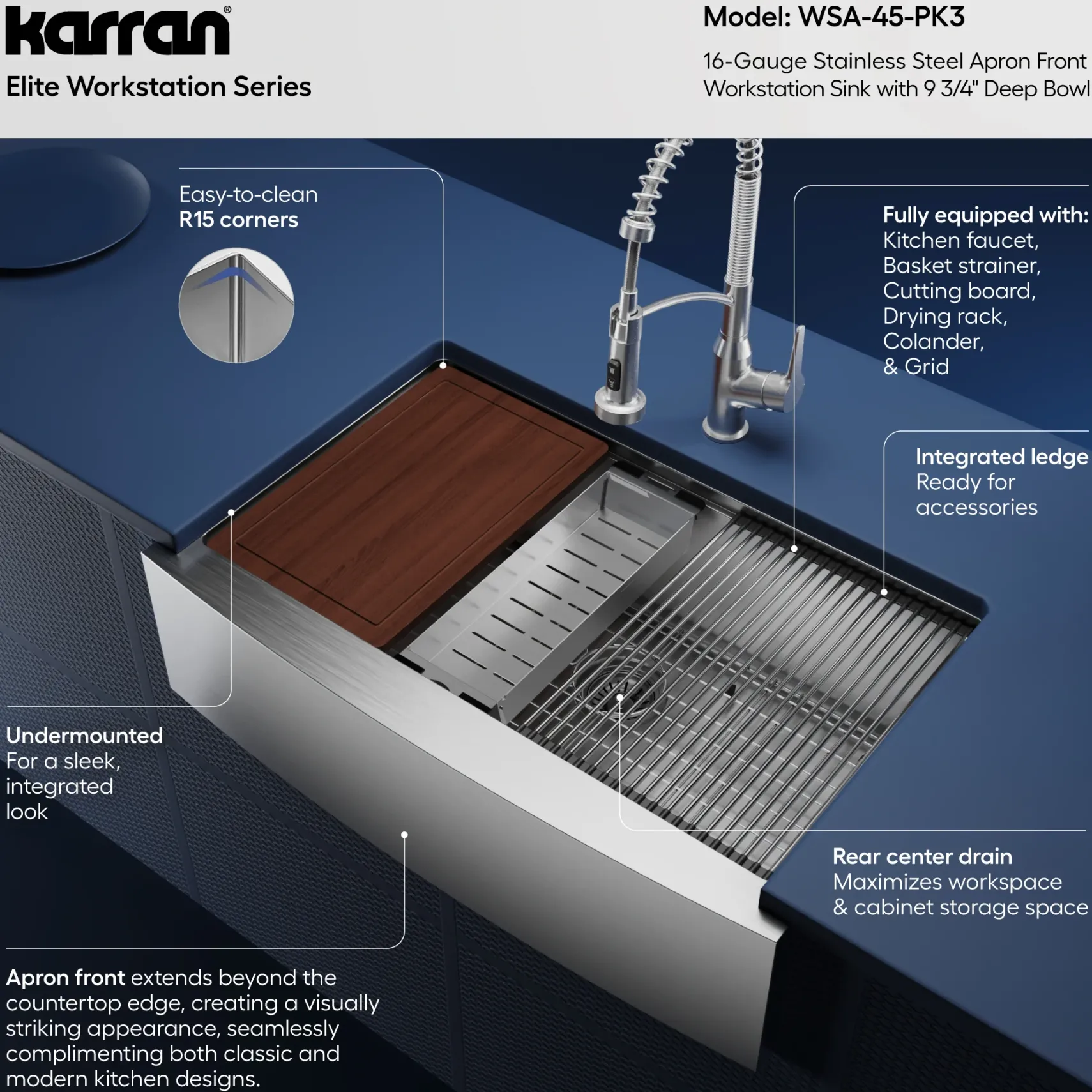 Karran Elite Workstation 33" Stainless Steel Farmhouse Sink with Faucet, WSA-45-PK3