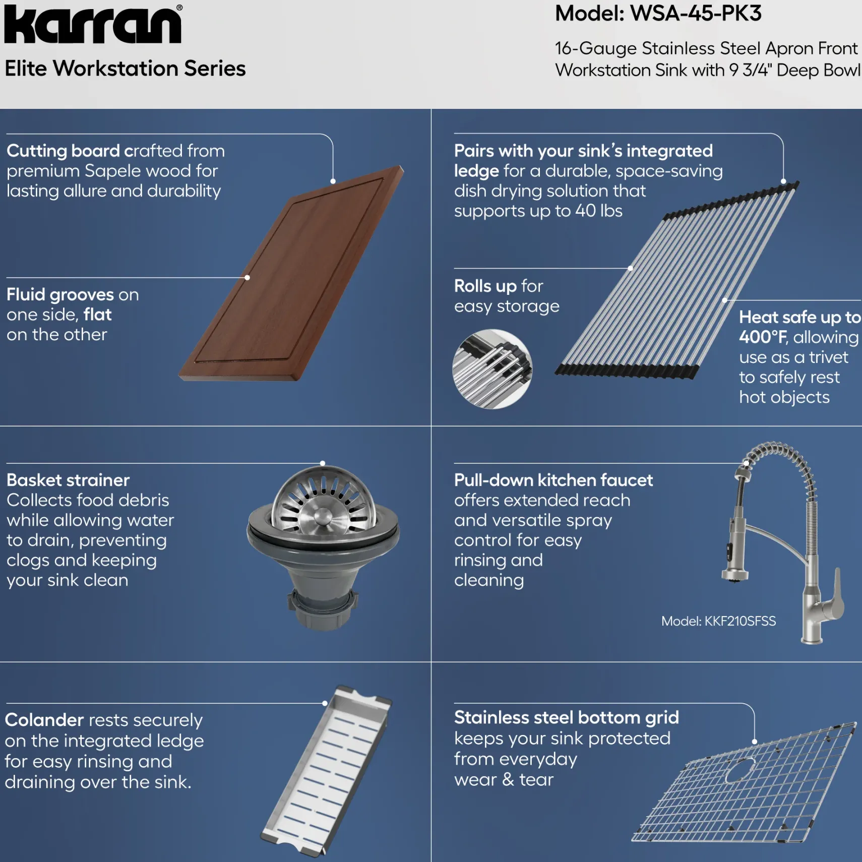 Karran Elite Workstation 33" Stainless Steel Farmhouse Sink with Faucet, WSA-45-PK3