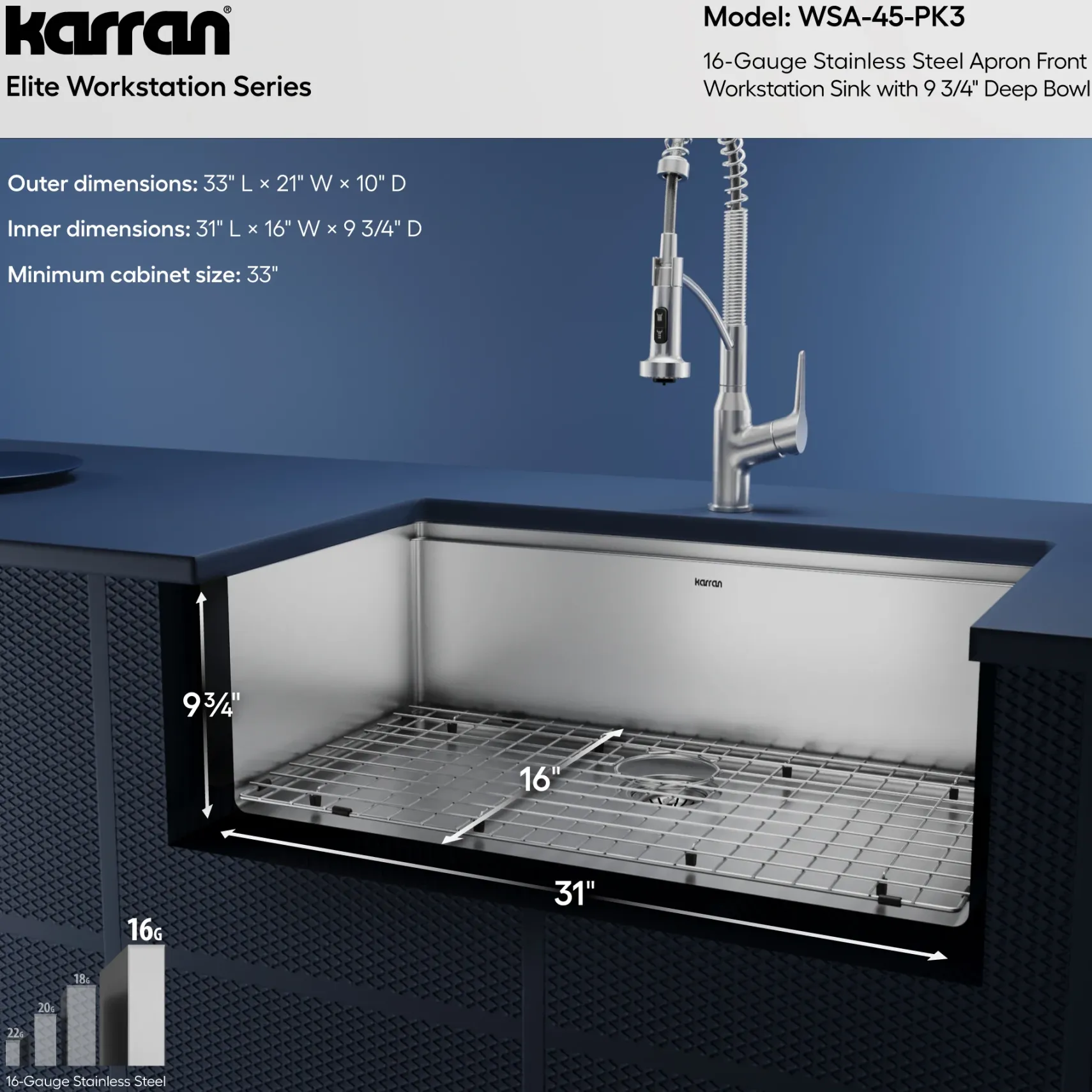 Karran Elite Workstation 33" Stainless Steel Farmhouse Sink with Faucet, WSA-45-PK3