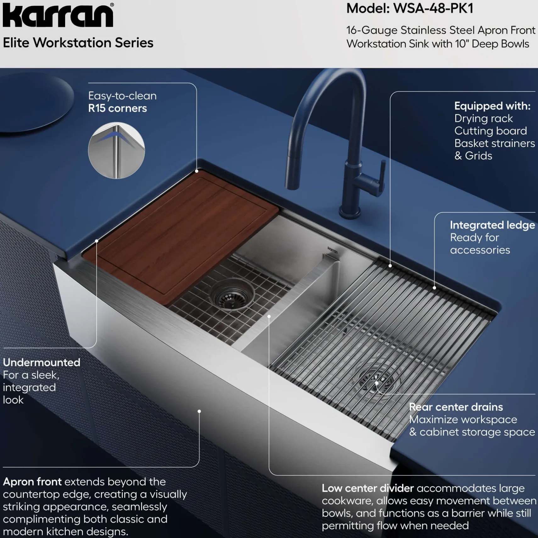 Karran Elite Workstation 36" Stainless Steel Workstation Farmhouse Sink with Accessories, 50/50 Double Bowl, 16 Gauge, WSA-48-PK1