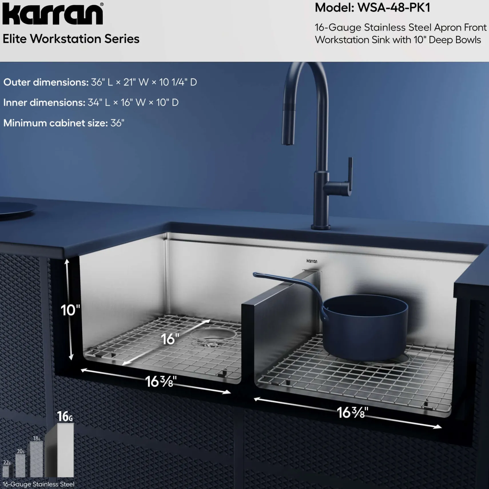 Karran Elite Workstation 36" Stainless Steel Workstation Farmhouse Sink with Accessories, 50/50 Double Bowl, 16 Gauge, WSA-48-PK1