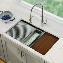 Karran Elite Workstation 32" Undermount Stainless Steel Kitchen Sink with Faucet, WS-37-PK3