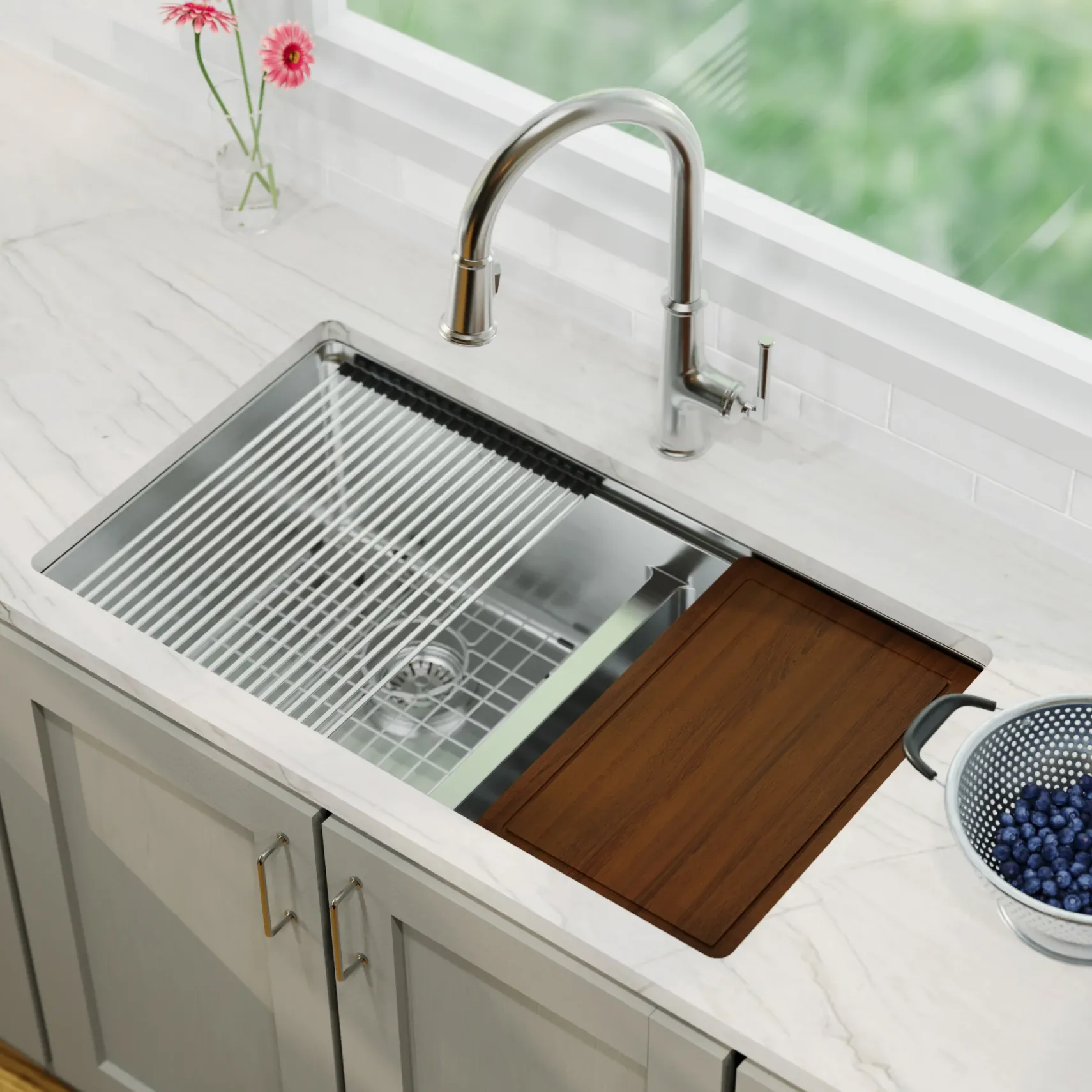 Karran Elite Workstation 32" Undermount Stainless Steel Workstation Kitchen Sink with Accessories, 60/40 Double Bowl, 16 Gauge, WS-40-PK1