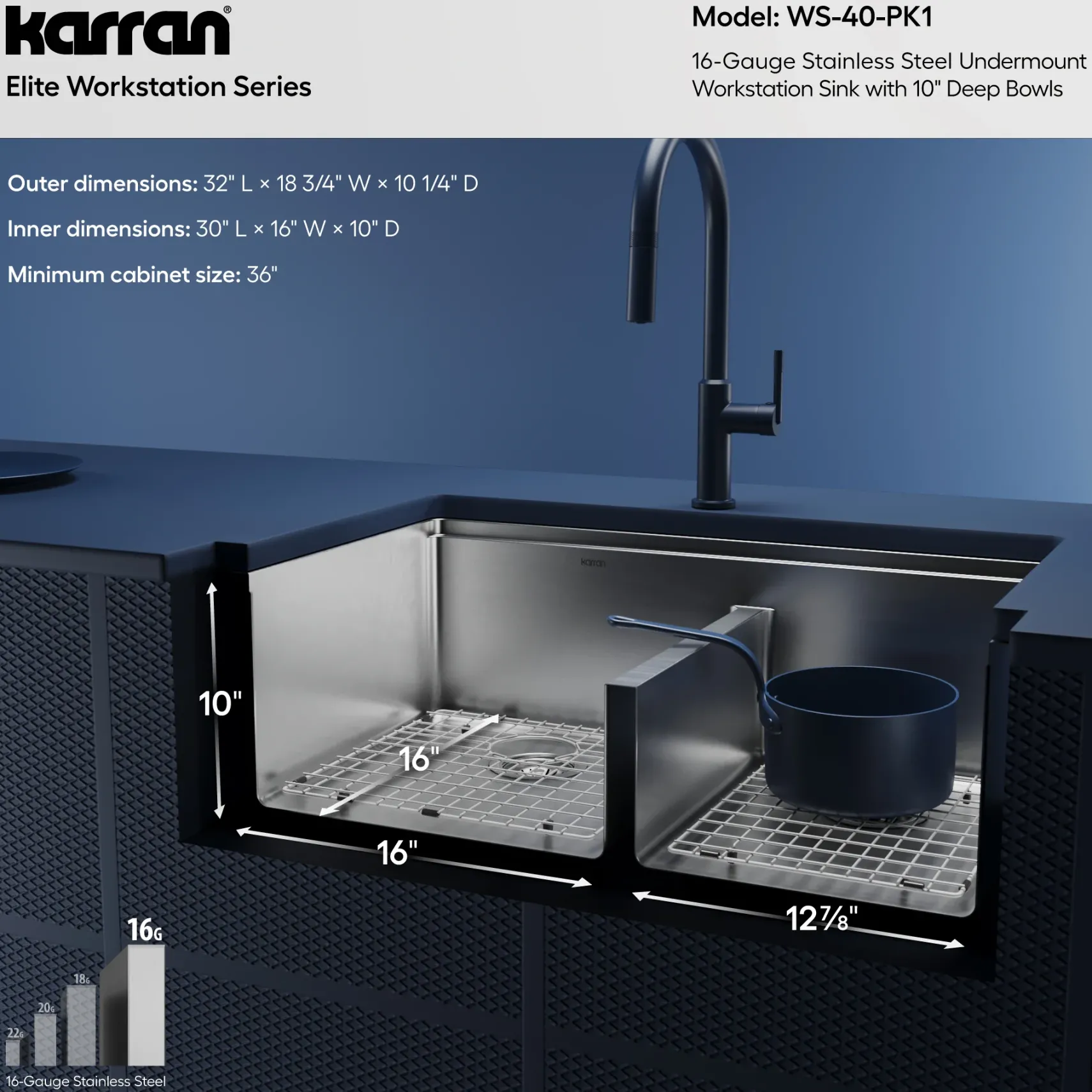 Karran Elite Workstation 32" Undermount Stainless Steel Workstation Kitchen Sink with Accessories, 60/40 Double Bowl, 16 Gauge, WS-40-PK1