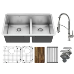 Karran Elite Workstation 32" Undermount Stainless Steel Kitchen Sink with Faucet and Accessories, 60/40 Double Bowl, Satin Brushed, 16 Gauge, WS-40-PK4