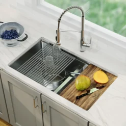 Karran Elite Workstation 32" Undermount Stainless Steel Kitchen Sink with Faucet and Accessories, 60/40 Double Bowl, Satin Brushed, 16 Gauge, WS-40-PK4