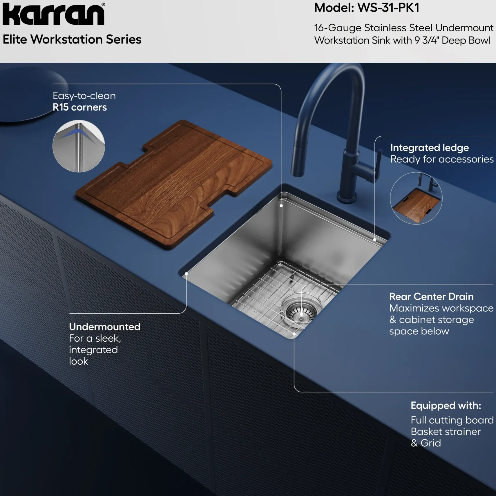 Karran Elite Workstation 15" Undermount Stainless Steel Workstation Kitchen Sink with Accessories, 16 Gauge, WS-31-PK1