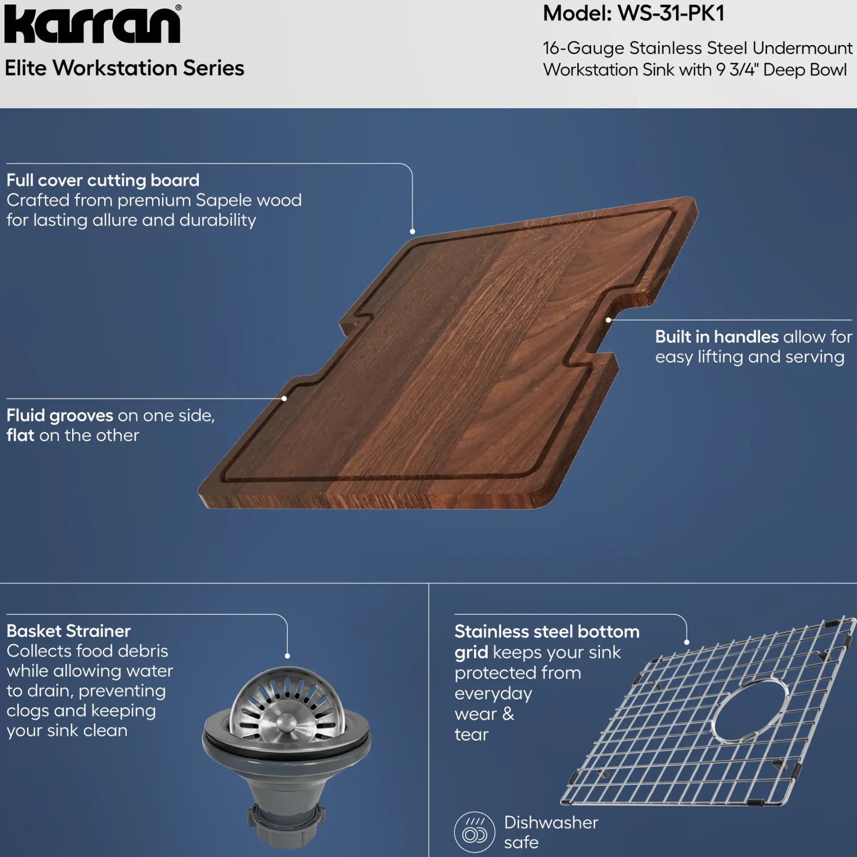 Karran Elite Workstation 15" Undermount Stainless Steel Workstation Kitchen Sink with Accessories, 16 Gauge, WS-31-PK1