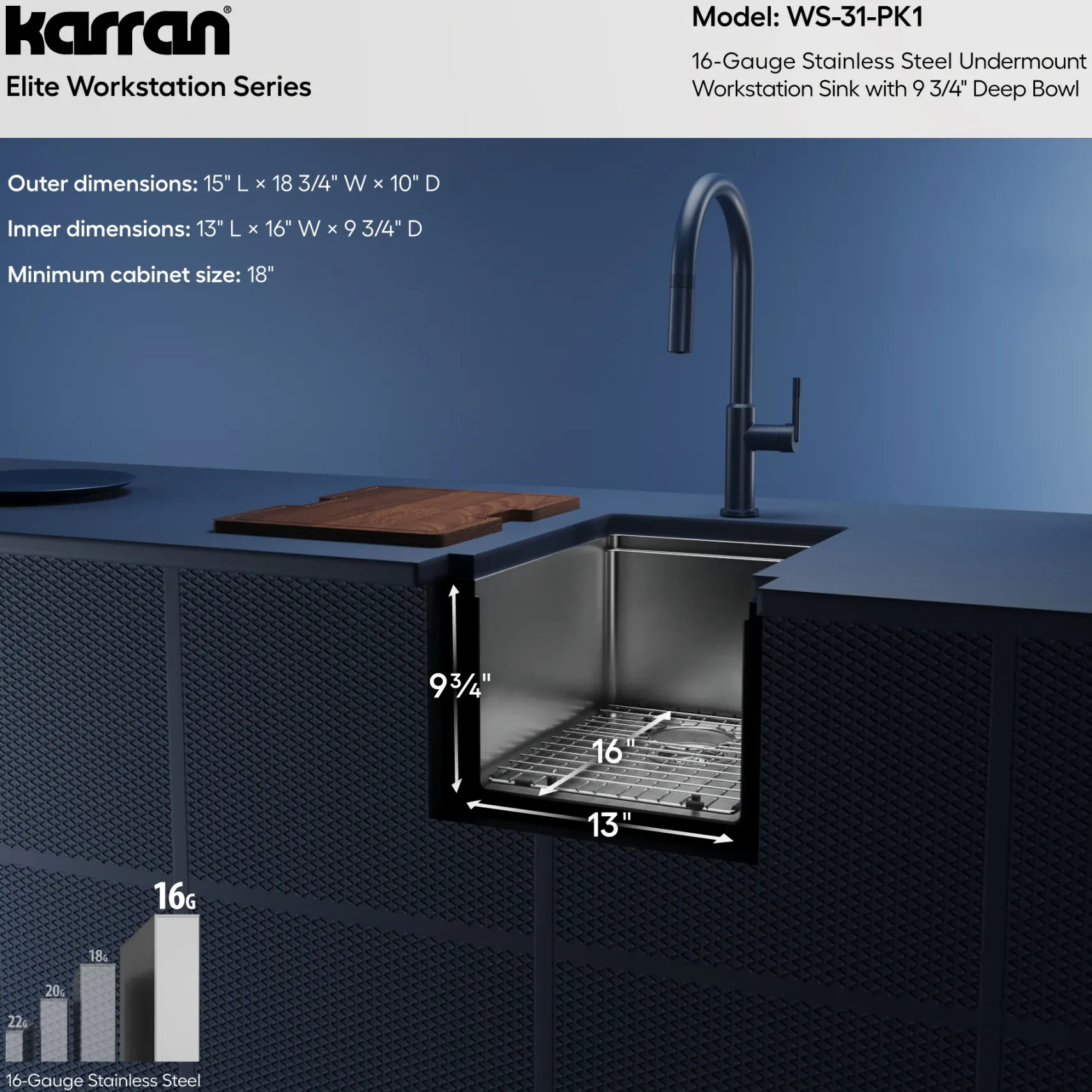 Karran Elite Workstation 15" Undermount Stainless Steel Workstation Kitchen Sink with Accessories, 16 Gauge, WS-31-PK1