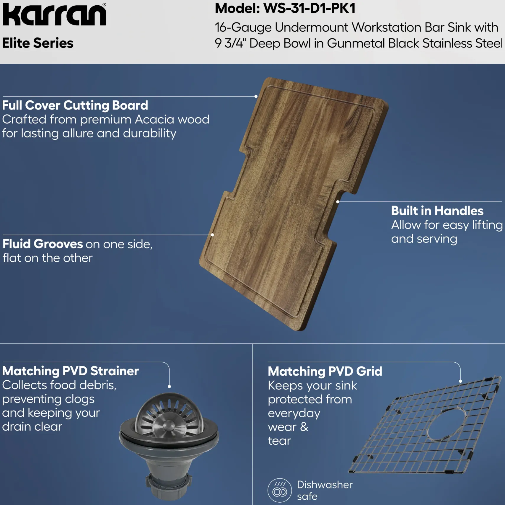 Karran Elite Workstation 15" Undermount Stainless Steel Kitchen Sink, Gunmetal Black, WS-31-D1-PK1