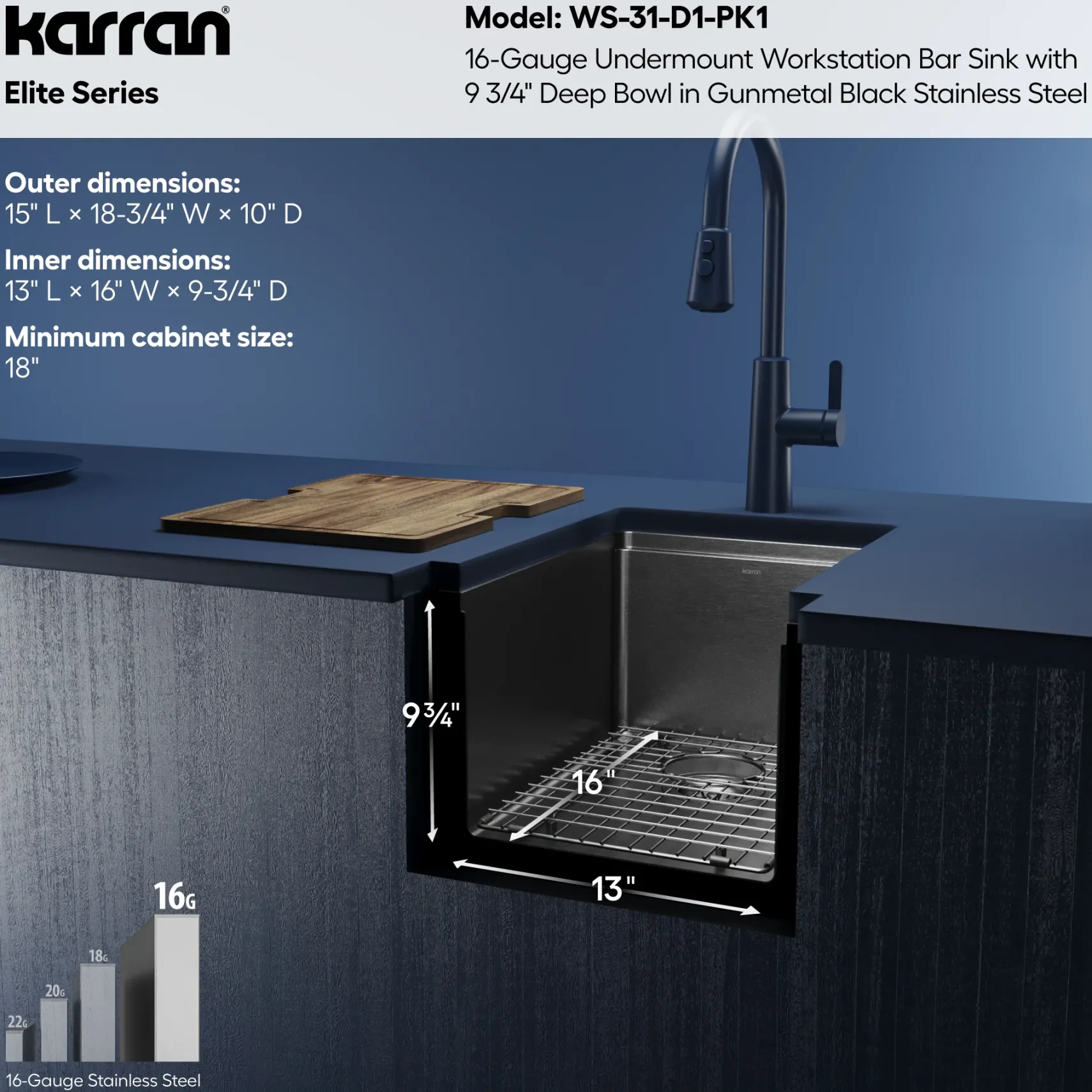 Karran Elite Workstation 15" Undermount Stainless Steel Kitchen Sink, Gunmetal Black, WS-31-D1-PK1