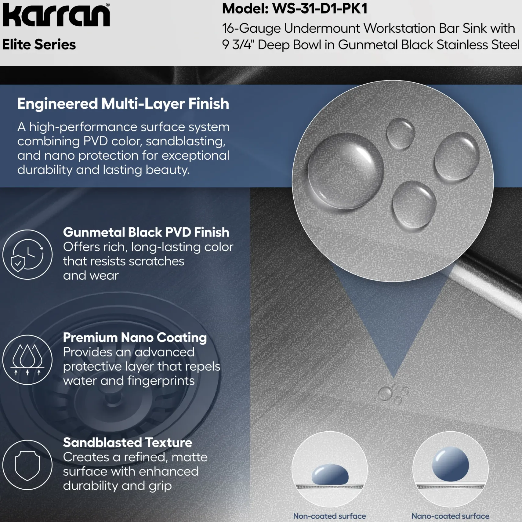 Karran Elite Workstation 15" Undermount Stainless Steel Kitchen Sink, Gunmetal Black, WS-31-D1-PK1