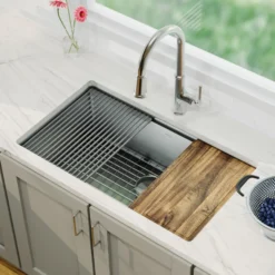 Karran Elite Workstation 32" Undermount Stainless Steel Kitchen Sink with Accessories, Satin Brushed, 16 Gauge, WS-37-PK5