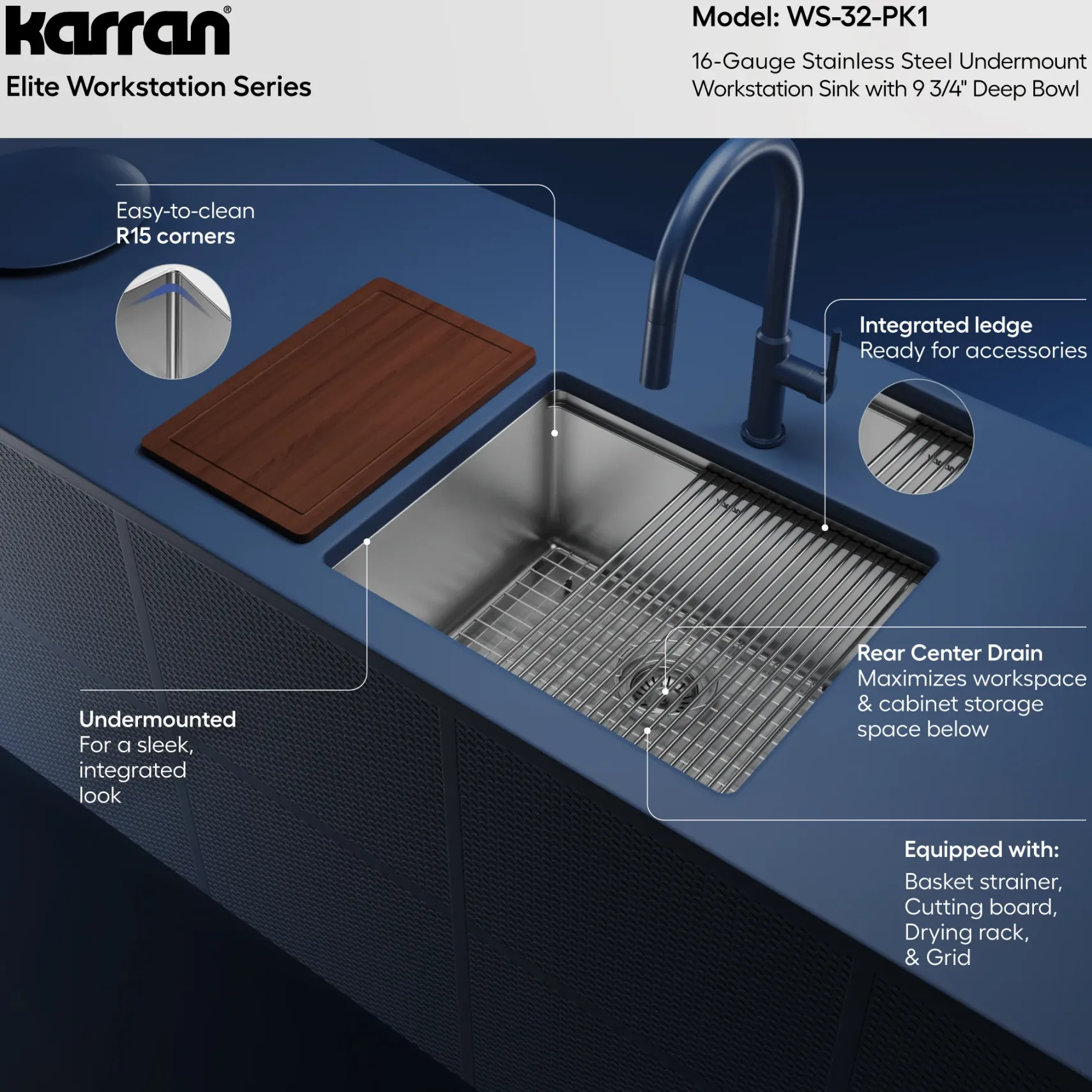 Karran Elite Workstation 23" Undermount Stainless Steel Workstation Kitchen Sink with Accessories, 16 Gauge, WS-32-PK1