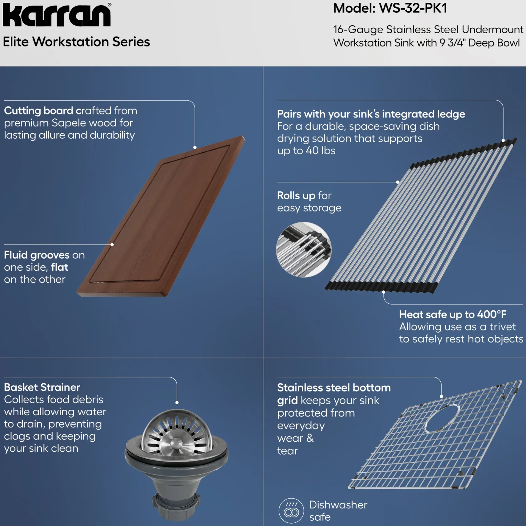 Karran Elite Workstation 23" Undermount Stainless Steel Workstation Kitchen Sink with Accessories, 16 Gauge, WS-32-PK1