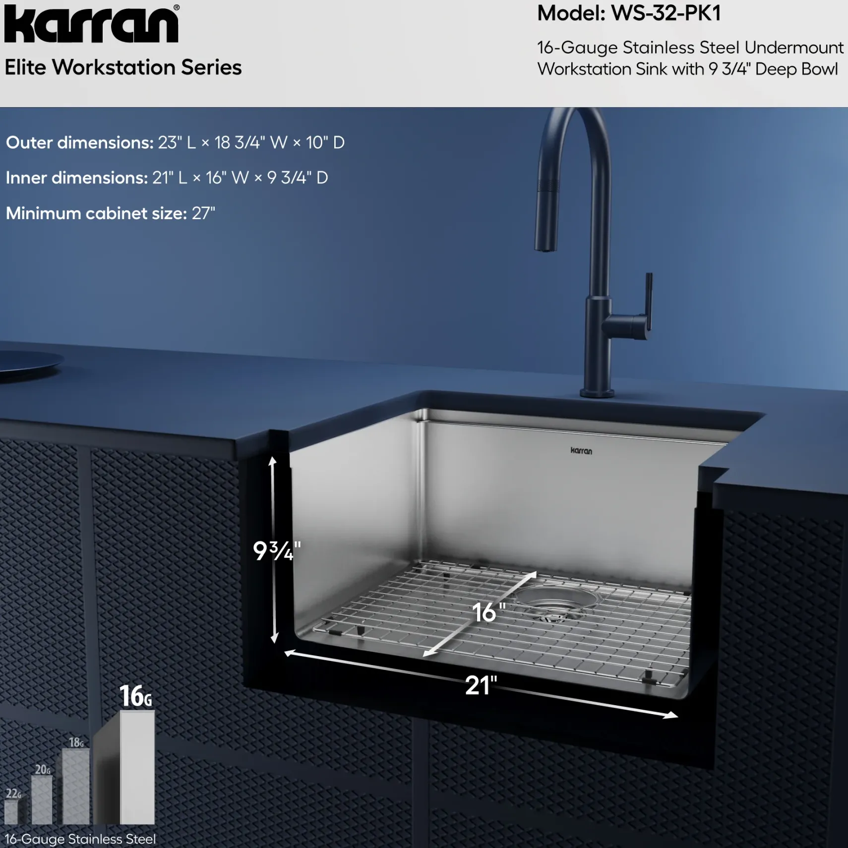 Karran Elite Workstation 23" Undermount Stainless Steel Workstation Kitchen Sink with Accessories, 16 Gauge, WS-32-PK1