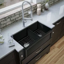Karran Fireclay 33" Fireclay Farmhouse Sink with Accessories, 60/40 Double Bowl, Matte Black, FCP33DBMB