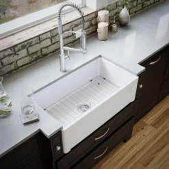 Karran Fireclay 33" Fireclay Farmhouse Sink with Accessories, White, FCP33SBWH