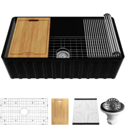 Karran Fireclay 33" Fireclay Workstation Farmhouse Sink with Accessories, Matte Black, FCWSF33SBMB-PK1