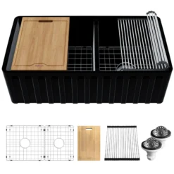 Karran Fireclay 33" Fireclay Workstation Farmhouse Sink with Accessories, 60/40 Double Bowl, Matte Black, FCWSF33DBMB-PK1