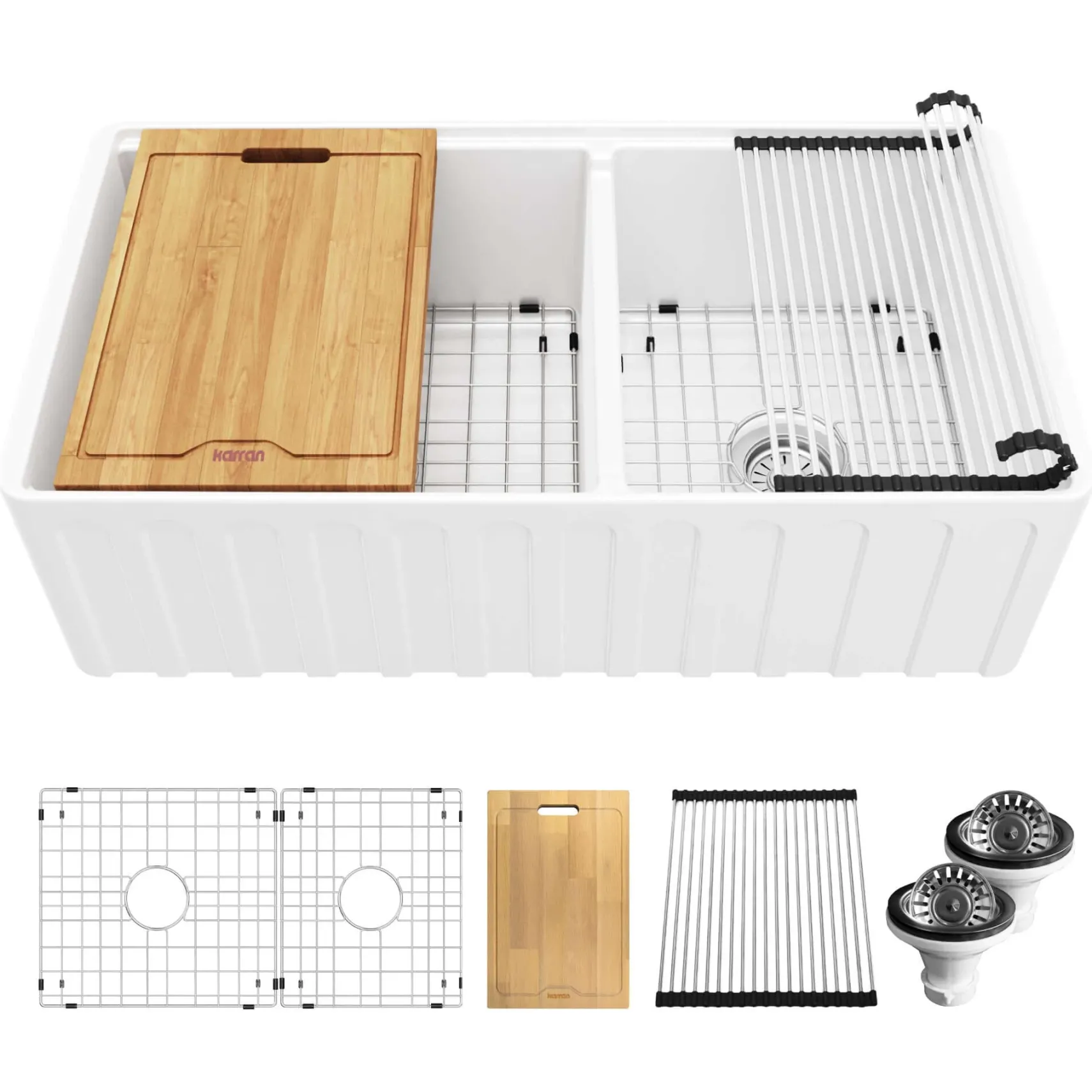 Karran Fireclay 33" Fireclay Workstation Farmhouse Sink with Accessories, 60/40 Double Bowl, White, FCWSF33DBWH-PK1